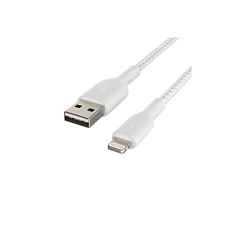 Weißes Lightning-Kabel. Auf einem weißen Hintergrund ist das Kabel diagonal angeordnet, das USB-Ende oben links, das Lightning-Ende unten rechts.