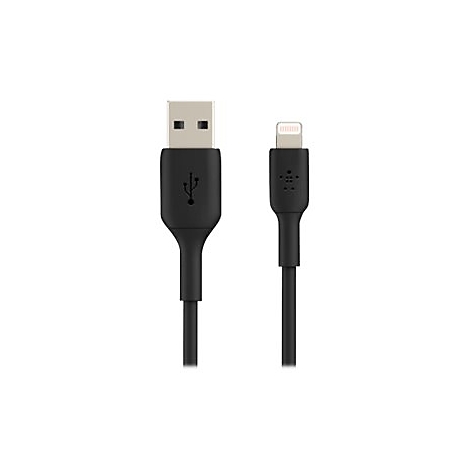 Ein schwarzes USB-Ladekabel mit USB-A- und Lightning-Anschlüssen, auf weißem Hintergrund.