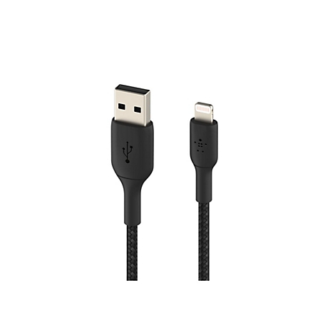 Schwarzes Ladekabel, USB-A- und Lightning-Anschlüsse. Geflochtenes Kabel, weißer Hintergrund.