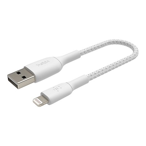 Weißes USB-Ladekabel mit geflochtenem Kabel, an einem Ende USB-A, am anderen Lightning.