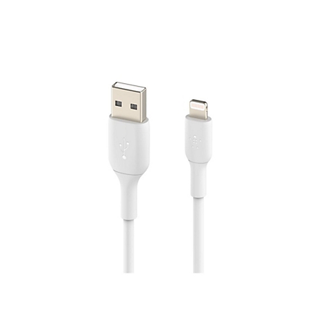 Weißes USB-Ladekabel mit USB-A und Lightning-Anschluss, auf weißem Hintergrund.