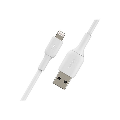 Weißes Lightning-Kabel von Belkin. Ein USB-Stecker und ein Lightning-Stecker sind im Bild zu sehen.