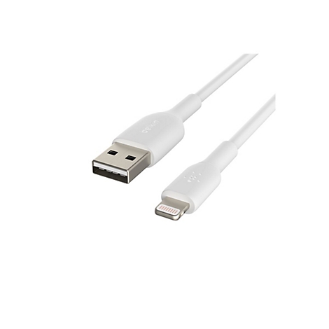 Weißes Lightning-Kabel. Aufschrift Belkin. USB-A- und Lightning-Anschluss.