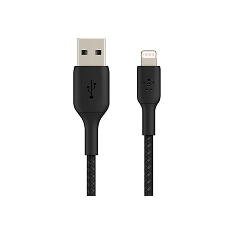 Ein schwarzes USB-Ladekabel mit USB-A- und Lightning-Anschlüssen.