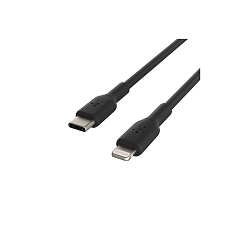 Ein schwarzes Ladekabel mit einem USB-C-Stecker und einem Lightning-Anschluss, auf weißem Hintergrund.