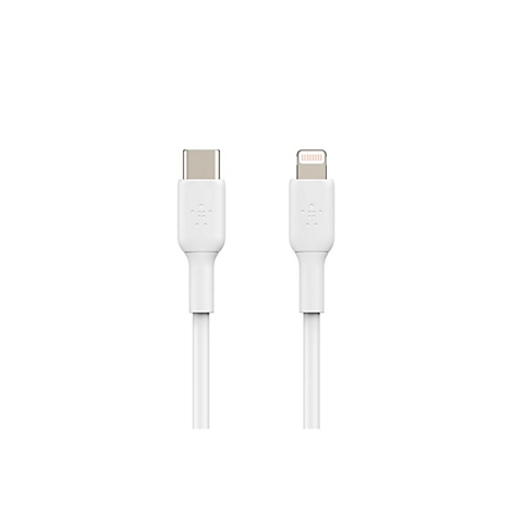 Zwei weiße Ladekabel, links USB-C, rechts Lightning.