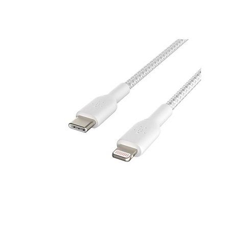 Weißes Ladekabel mit USB-C- und Lightning-Anschlüssen. Geflochtenes Kabel, Belkin-Logo.