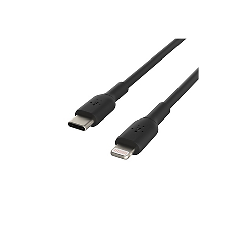Schwarzes Ladekabel mit USB-C und Lightning-Anschluss, isoliert vor weißem Hintergrund.