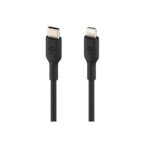 Zwei schwarze Ladekabel. Eines mit USB-C Stecker, das andere mit Lightning Stecker, auf weißem Hintergrund.