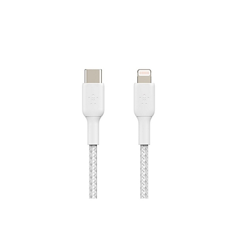 Zwei weiße Ladekabel: USB-C und Lightning, nebeneinander. Geflochtenes Kabel, Stecker mit Belkin-Logo.
