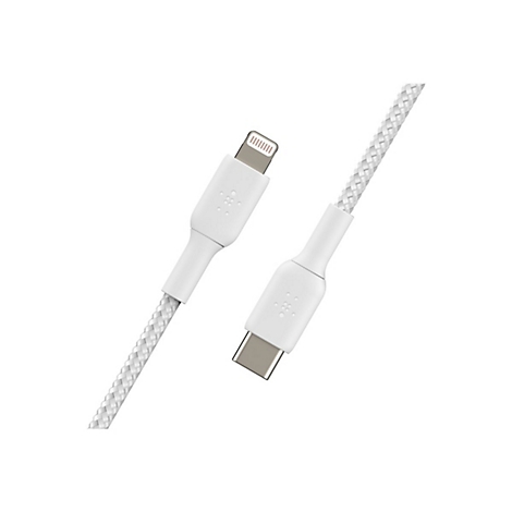 Weißes USB-C-auf-Lightning-Kabel mit geflochtenem Kabel. Stecker und Kabel sind weiß.