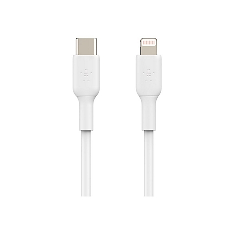 Zwei weiße Ladekabel: USB-C und Lightning, nebeneinander. Links ein USB-C-Anschluss mit Belkin-Logo, rechts ein Lightning-Anschluss.