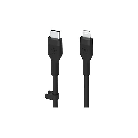 Zwei schwarze Ladekabel: USB-C und Lightning-Anschluss. Belkin-Logo ist erkennbar.