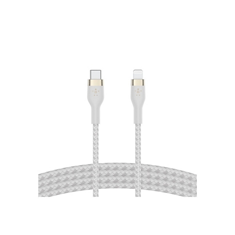 Weißes geflochtenes Ladekabel mit USB-C- und Lightning-Anschlüssen.