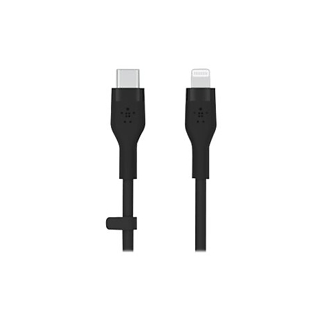 Zwei schwarze Ladekabel: USB-C-Stecker links, Lightning-Stecker rechts. Auf hellem Hintergrund.