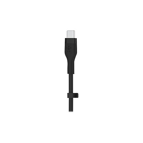 Ein schwarzes USB-C-Kabel mit dem Belkin-Logo und einer Kabelklemme.