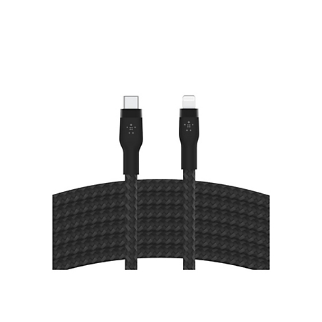 Schwarzes Ladekabel mit USB-C- und Lightning-Anschluss, geflochtenem Kabel, weißer Hintergrund.