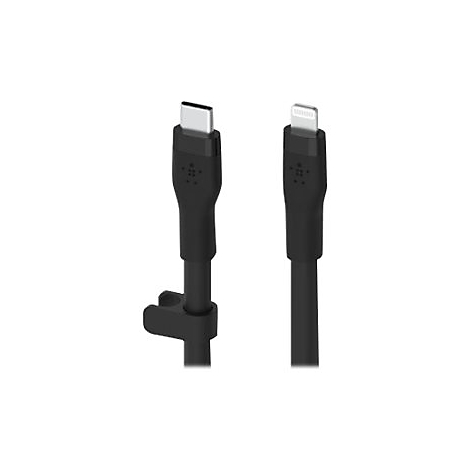 Zwei schwarze Ladekabel: USB-C-Stecker und Lightning-Stecker. Beide haben das Belkin-Logo.