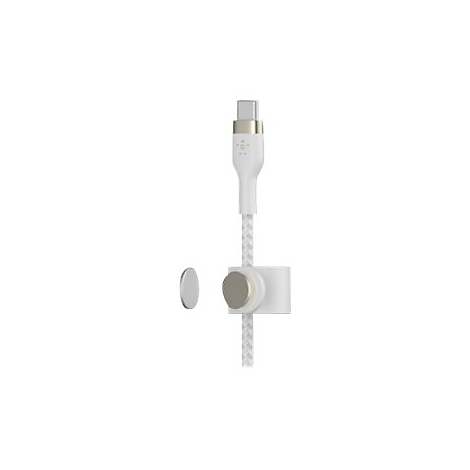 Weißes USB-C-Kabel mit magnetischer Halterung. Kabel und Halterung sind auf weißem Hintergrund zu sehen.