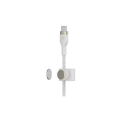 Weißes USB-C-Kabel mit magnetischer Halterung. Das Kabel ist an einem Ende mit einem USB-C-Stecker und am anderen mit einem geflochtenen Kabel versehen.