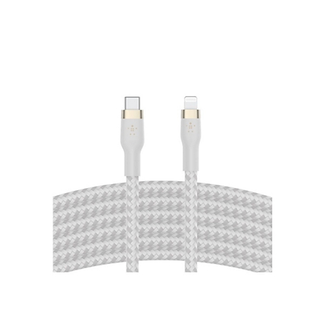 Zwei weiße Ladekabel mit unterschiedlichen Anschlüssen; geflochtenes Kabel, weißer Hintergrund.