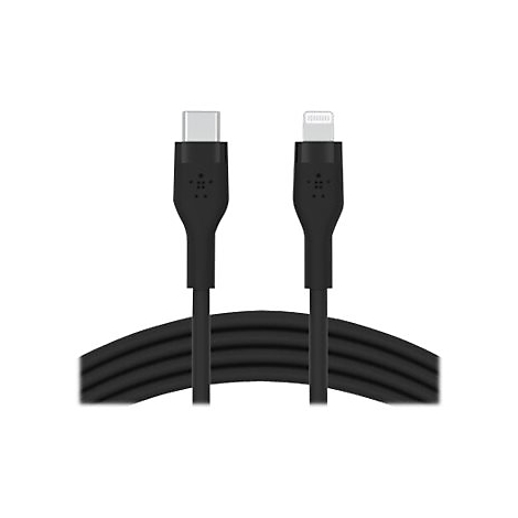 Ein schwarzes Ladekabel mit einem USB-C-Stecker und einem Lightning-Stecker.