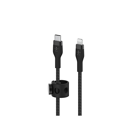 Schwarzes Ladekabel mit USB-C- und Lightning-Anschlüssen, geflochtenes Kabel, Kabelhalter.
