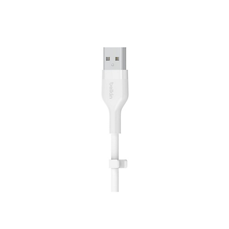 Weißes USB-Kabel von Belkin vor weißem Hintergrund. Der USB-Stecker ist nach oben gerichtet.