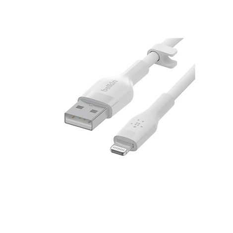 Weißes Lightning-Kabel von Belkin, USB-A Stecker und Lightning Anschluss.