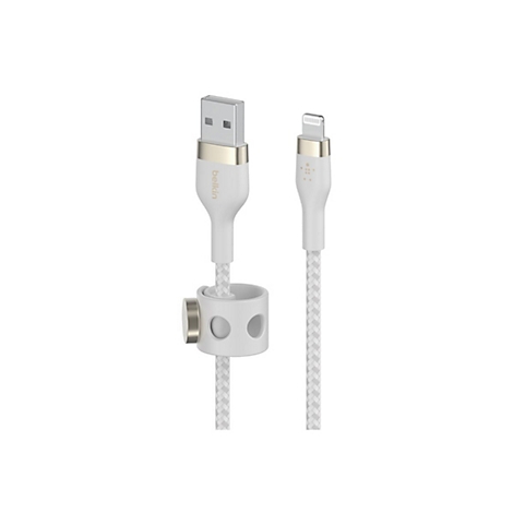 Weißes Lightning-Kabel von Belkin mit USB-Anschluss. Das Kabel hat eine Textur und eine Kabelführung.
