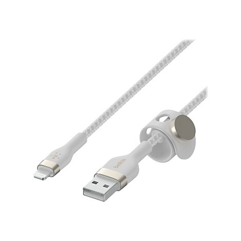 Weißes Ladekabel für ein Smartphone mit USB und Lightning-Anschluss, geflochtenem Kabel und Halterung.