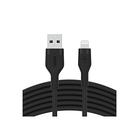 Ein schwarzes Ladekabel von Belkin. USB-A Stecker, Lightning Stecker.