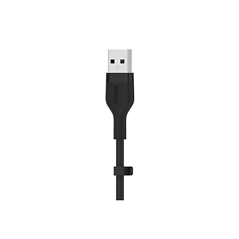 Schwarzes USB-Kabel von Belkin. Weißer USB-A-Stecker, schwarzes Kabel mit Belkin-Logo und Kabelbinder.