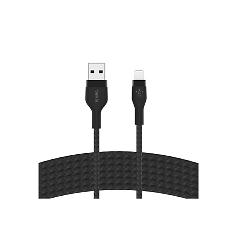 Schwarzes Ladekabel, Belkin-Logo. USB-A- und Lightning-Anschlüsse, geflochtenes Kabel.