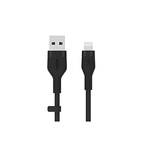 Schwarzes Ladekabel mit USB- und Lightning-Anschluss. Belkin-Logo.