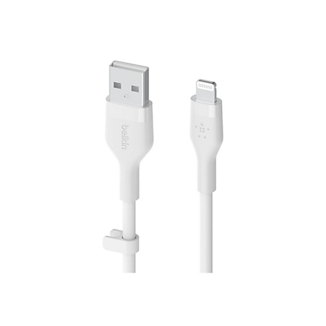 Weißes Belkin USB-A auf Lightning Ladekabel mit Kabelbinder vor weißem Hintergrund.