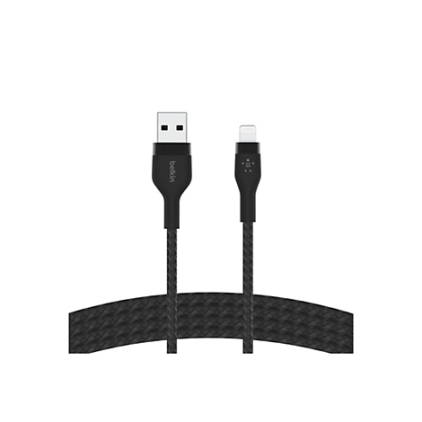 Ein schwarzes Ladekabel von Belkin. Ein USB-A-Stecker und ein Lightning-Stecker sind durch ein Textilkabel verbunden.