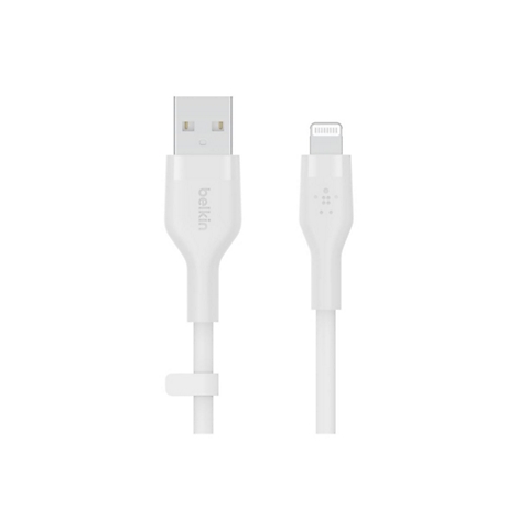 Weißes Belkin USB-A auf Lightning Ladekabel mit Kabelbinder auf weißem Grund.