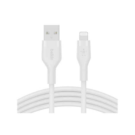Weißes Belkin USB-A auf Lightning Ladekabel vor weißem Hintergrund.