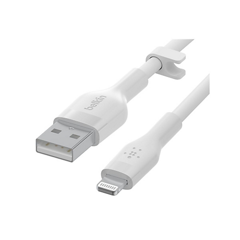 Weißes Belkin USB-A auf Lightning-Kabel mit integriertem Kabelbinder vor weißem Hintergrund.