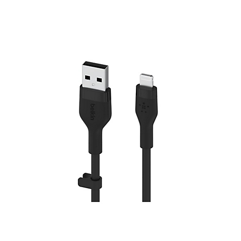 Ein schwarzes Ladekabel mit USB- und Lightning-Anschlüssen. Der Schriftzug "belkin" ist auf dem Kabel zu sehen.