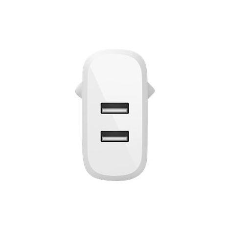 Weißes Ladegerät mit zwei USB-Anschlüssen.