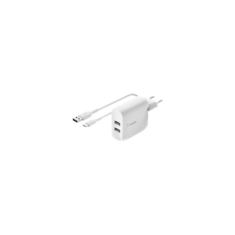Weißes Belkin-Ladegerät mit USB- und Lightning-Anschlüssen. Zwei USB-Ports, zwei Stifte für die Steckdose.
