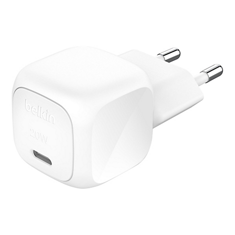 Weißes Belkin-Ladegerät mit 20W Leistung. Es hat einen EU-Stecker und einen USB-C-Anschluss.