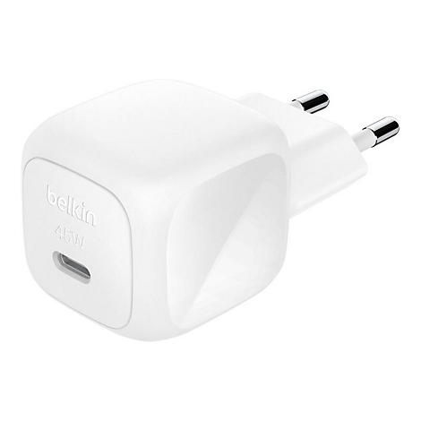 Weißes Belkin-Ladegerät mit USB-C-Anschluss und 45W-Aufdruck. Stecker im Euro-Stecker-Format.