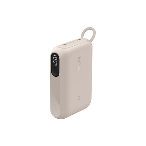Batterie externe beige, affichant 100% de charge, avec logo "Belkin".