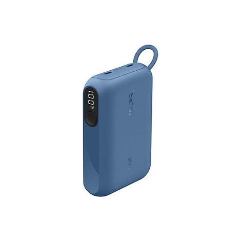 Batterie externe Belkin bleue, chargée à 100% et 20W de puissance. Avec boucle de suspension.