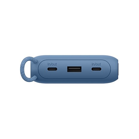 Chargeur portable bleu avec ports USB et USB-C. Avec les inscriptions "In/Out". Dispose d'une boucle.