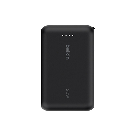 Batterie externe noire Belkin, avec 20W et indicateur de charge.
