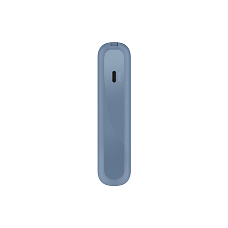 Appareil bleu et oblong avec texte 'In/Out'.